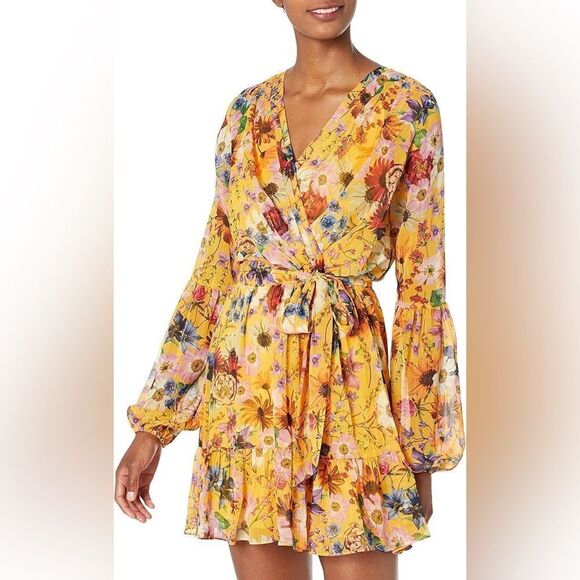 BETSEY & ADAM Yellow Floral Faux Wrap Mini Dress Long Sleeve Cocktail Size 4 New - Picture 1 of 14